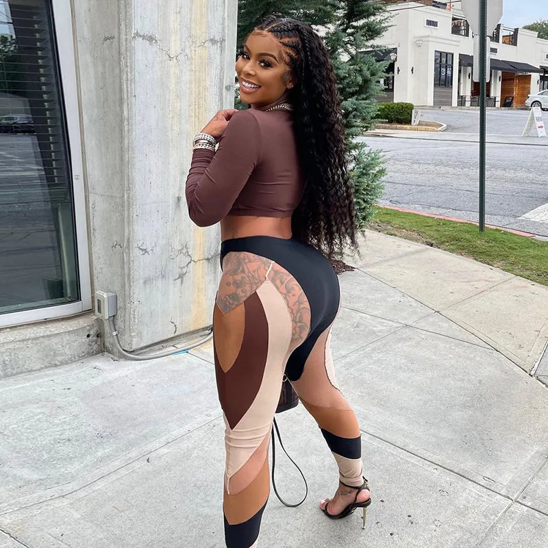 

M68090 - bandage fashion casual mesh color blocking women pants