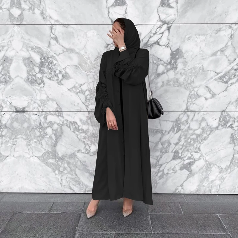 

Top Selling Kaftan Islamic Muslim Front Open Abaya with Bunch Sleeves Solid Colors Abaya