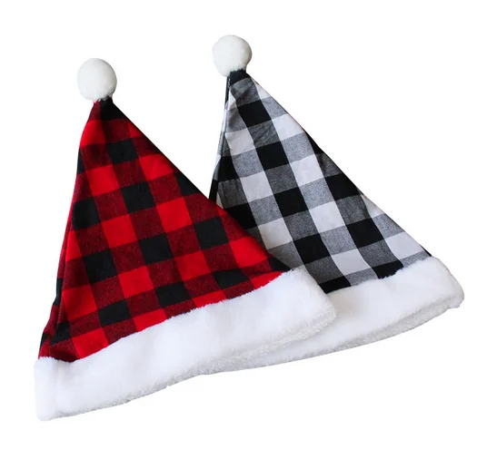 

New Christmas Decoration Party Holiday Hat Red Black White Plaid Plush Plaid Christmas Hat