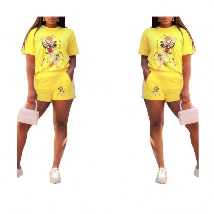 

2019 Women Wear Yellow Print Cartoon Shirt And Shorts Women Office Wear