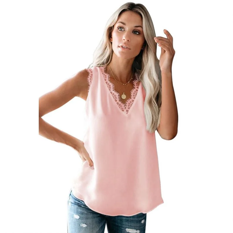 

Fashion Loose Casual Vest Sleeveless Sexy Lace V Neck Summer Tank Top Women