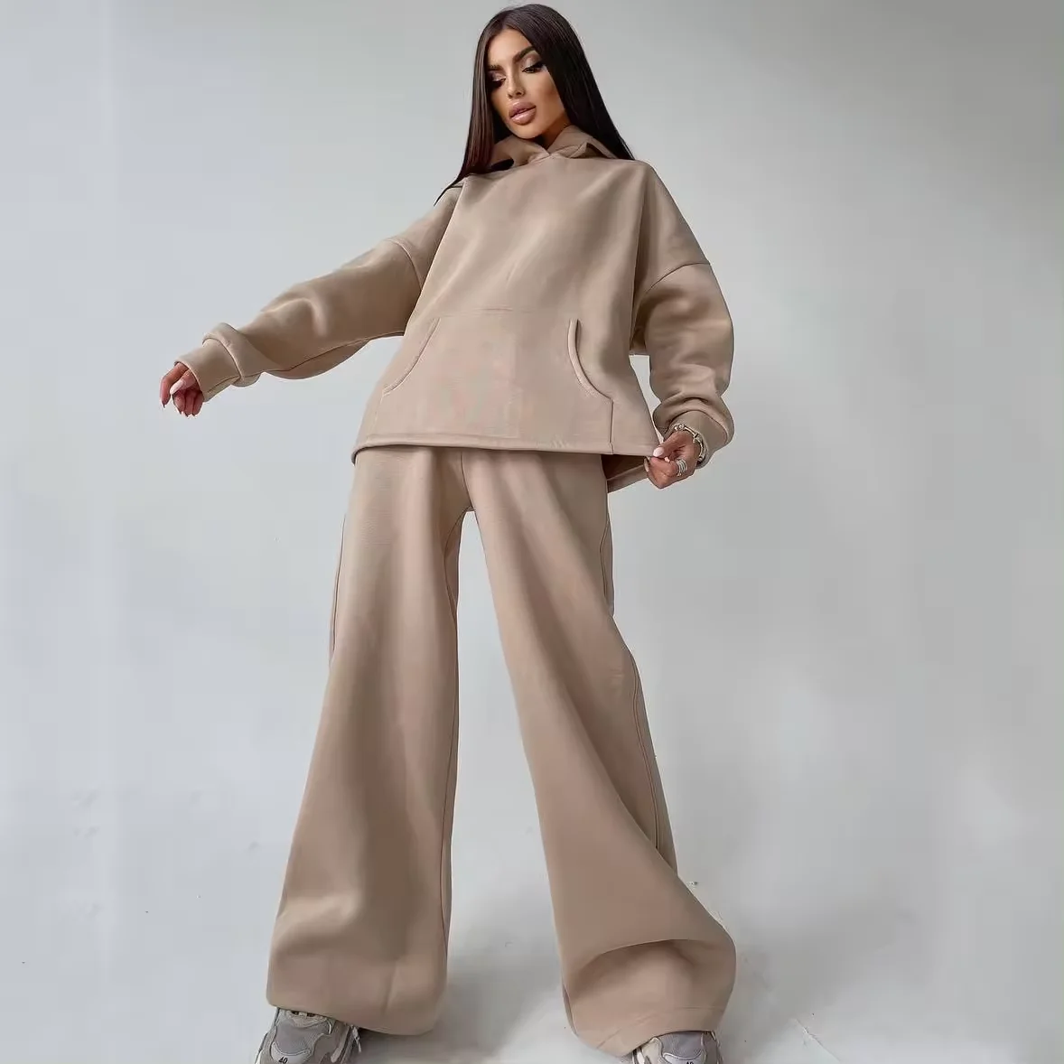 500Gsm Fleece Cotton Womens Oversized Pullover Hoodies New Apparel Custom Baggy Two Piece Wide Leg Pant Set Women Sweatsuit
