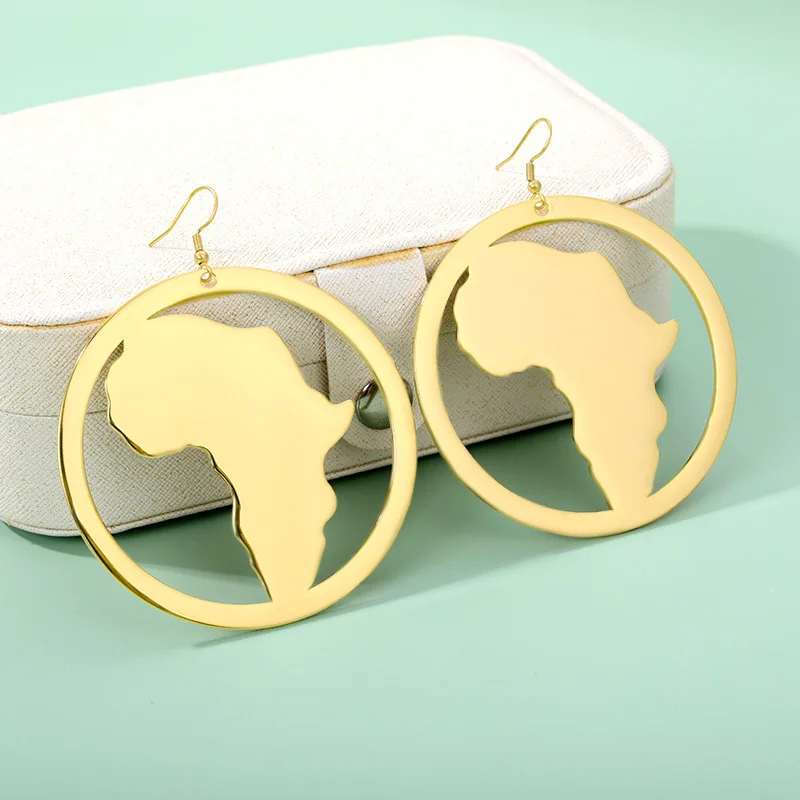 Manufacturer Stainless Steel 18K Gold Africa Map Pendant Earrings for Men and Women Afro Statement Earrings