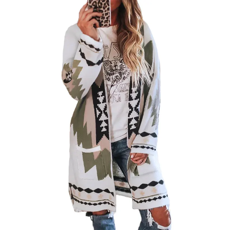 

21201-SW81 Latest spring long printed knitted cardigan coat women sehe fashion, 3 colors