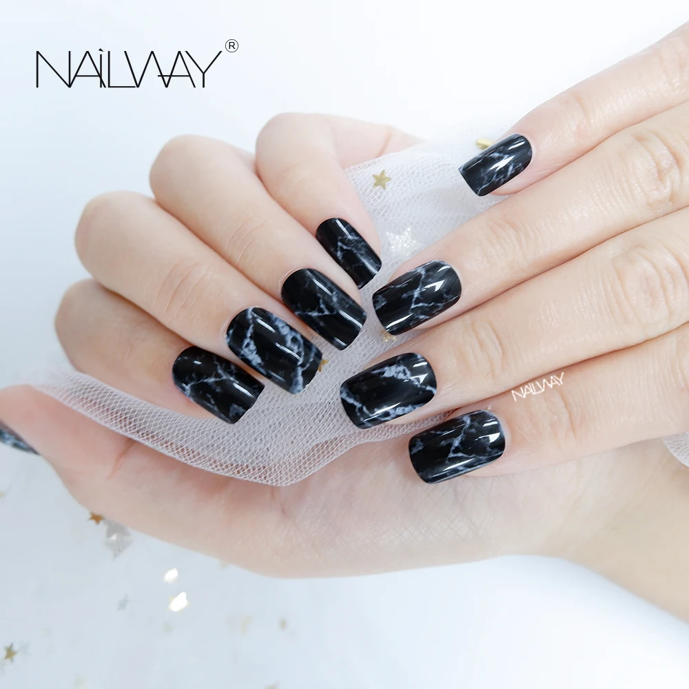 

24pcs/Box Black Marble Press On Nails Medium Length Square Fakenails Artificial Finger Nails