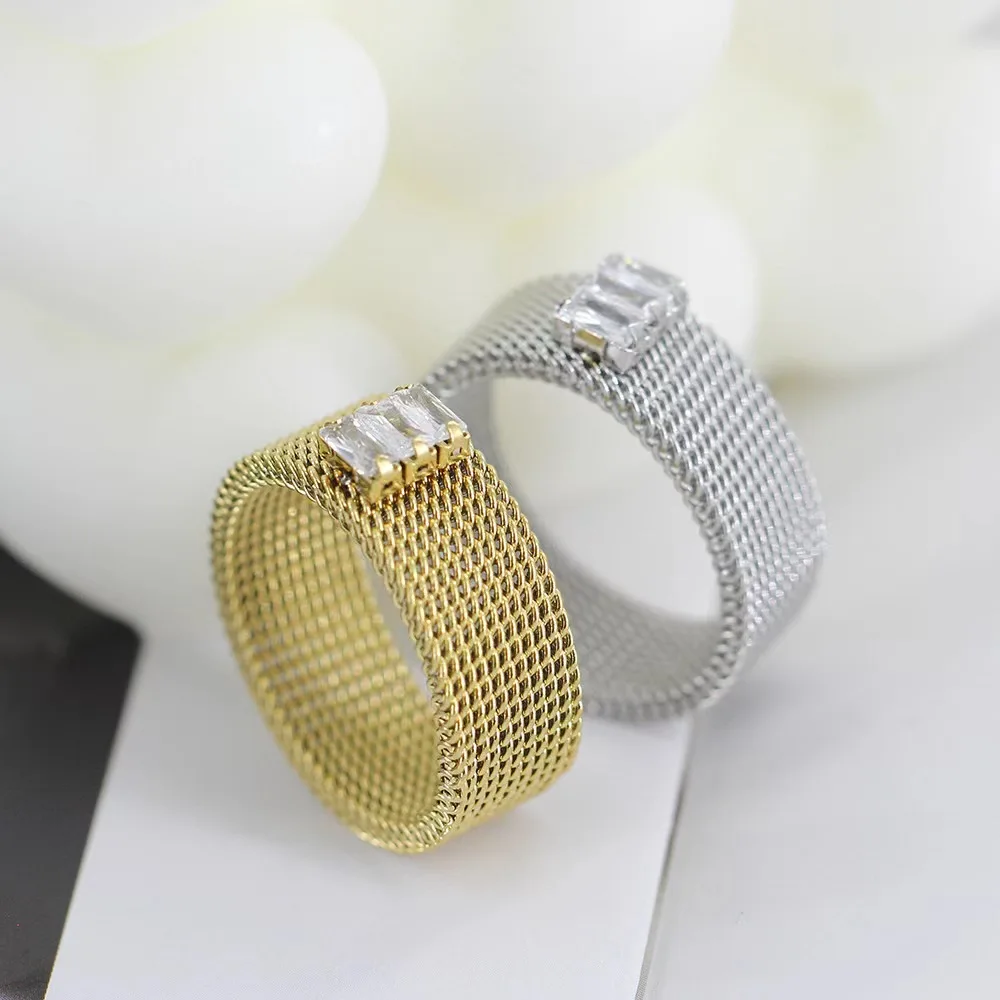 Wholesale Tarnish Free Stainless Steel Cubic Zirconia Mesh Ring Gold Plated Chic Waterproof Finger Jewelry for Women