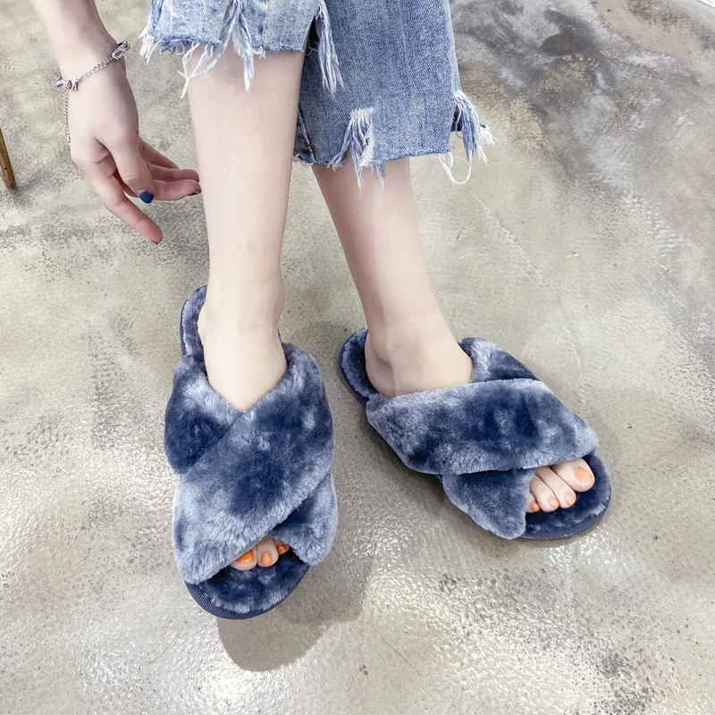 

High-Quality Fur Sandals Style Fox Fur Slides Slippers For Women, 9 colors to choose