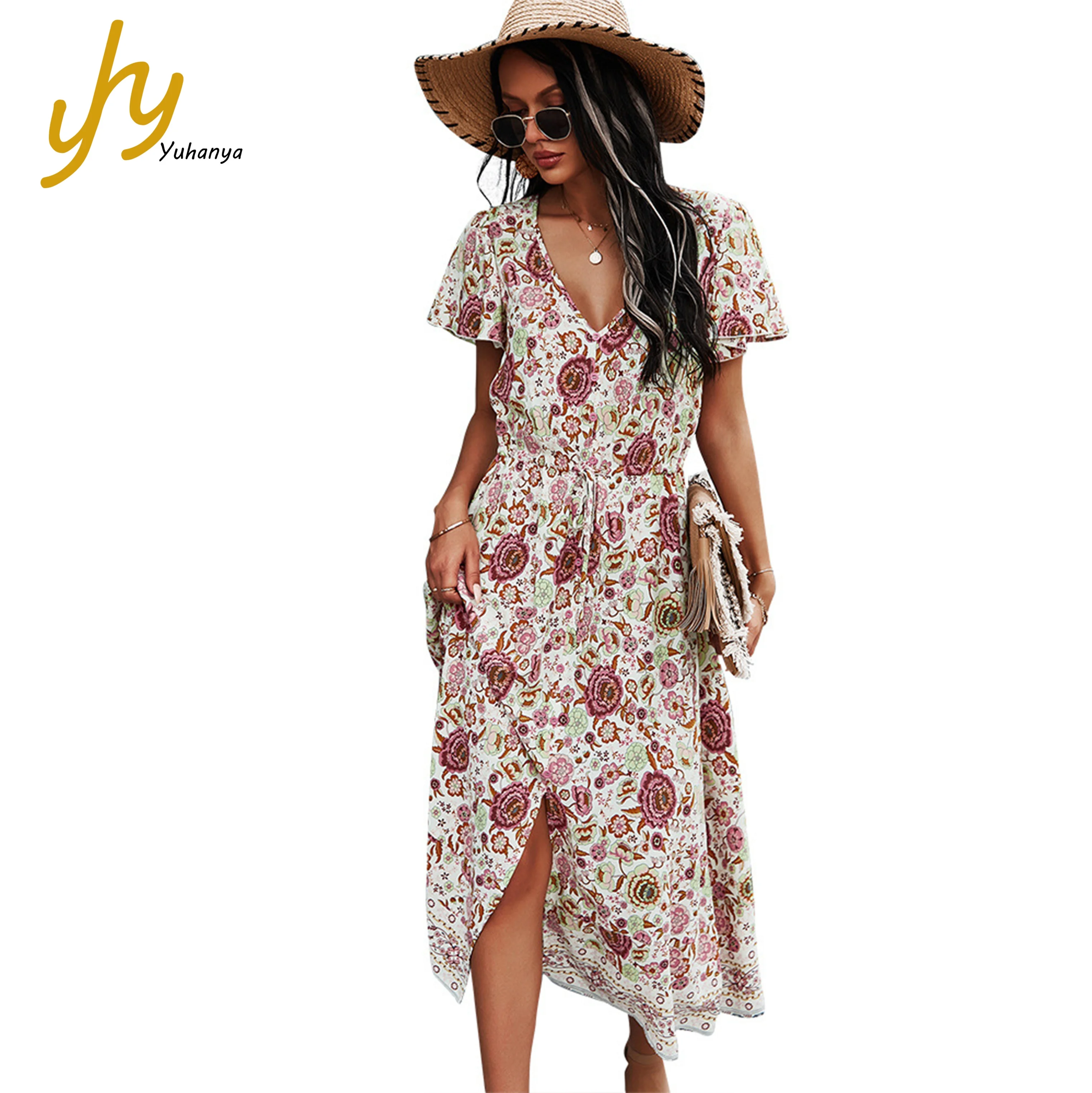 

2021 Spring And Summer Sexy Soft V-Neck Floral Print Ladies Dress, 3 colors