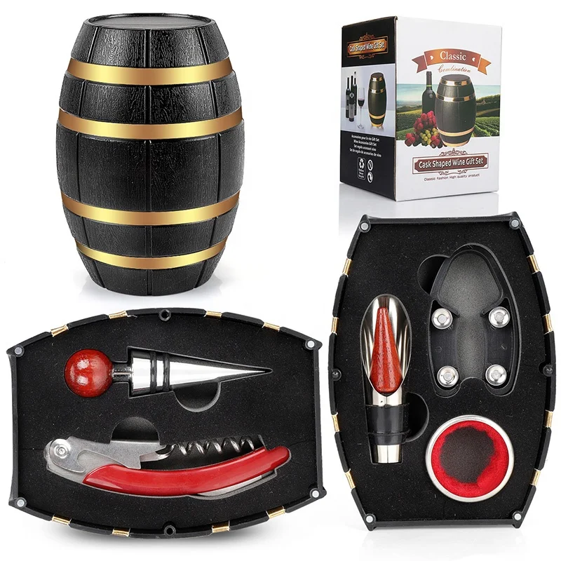 

Hot Sale Luxury Wine Barrel Shaped Wine Bottle Opener Sets with 5 Kits in Gifted Box, Black