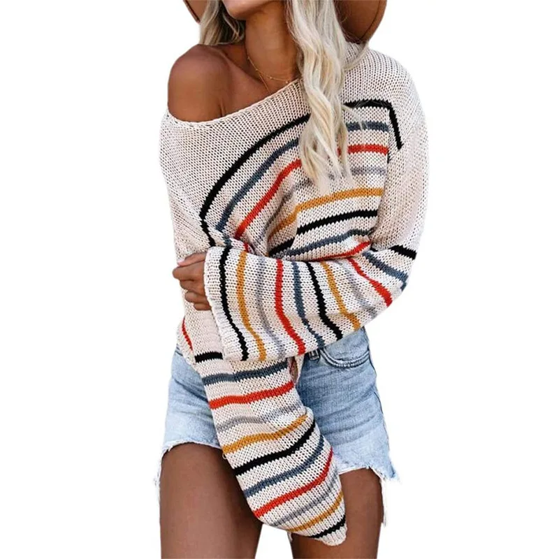 

RM120118 Fashion High Quality Womens Plus Size Crew Neck Fall Striped Cozy Sweater Women Knit