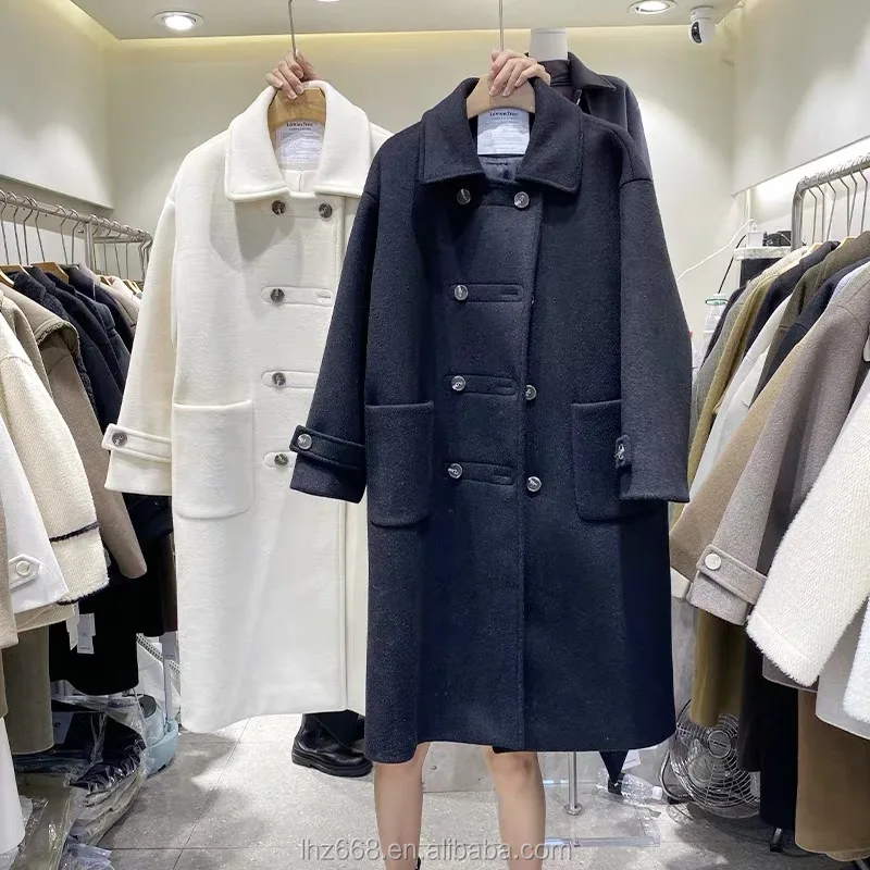 

2021 women wool and cashmere coat belt long coats hand sewn double face wool