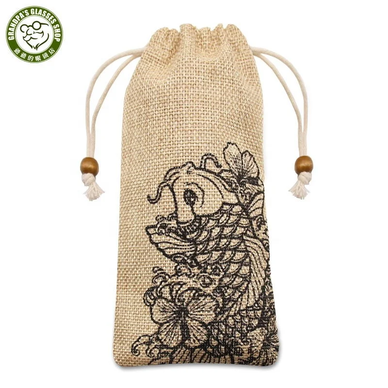 

Promotional custom Personalized Printed flax canvas glasses bag fish pattern portable soft cotton drawstring sunglasses pouch