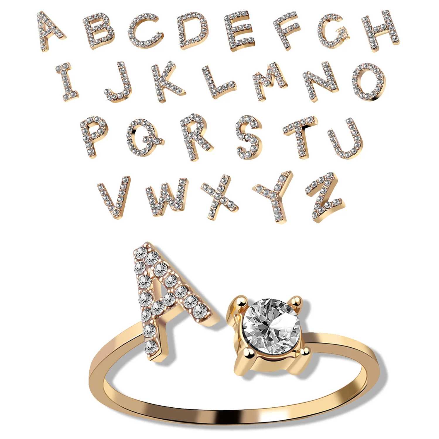 

Q1404 Women  Golden Alphabet A - Z Letters Stackable Open Rings Charm Ring Initial Letter Rings