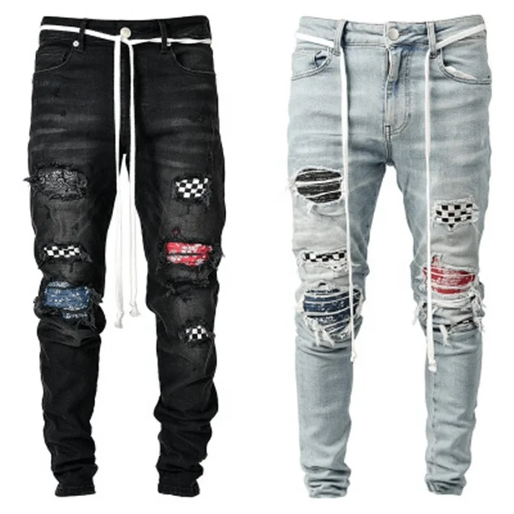 

Fashion Ripped Patch Jeans Men's Long Pencil Pants Jeans Cheap Contrast Hip Hop Jeans, Picture shows