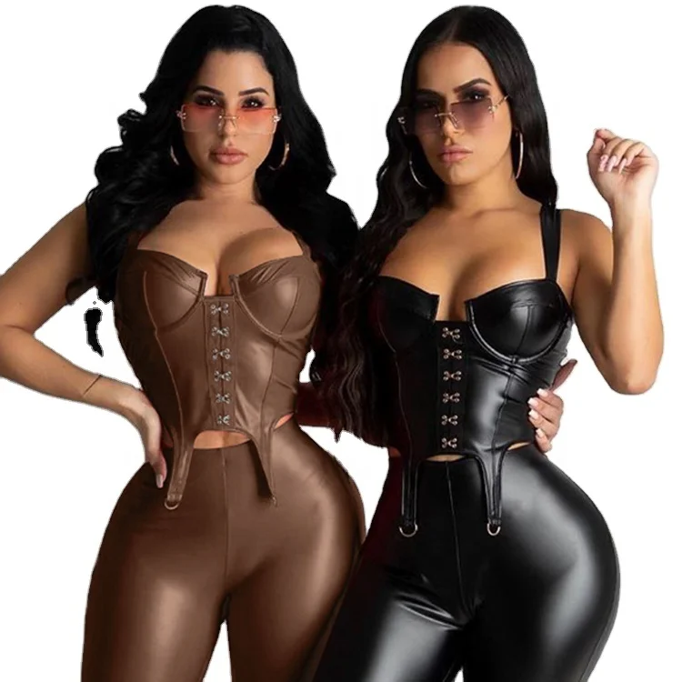 

Bra Hook And Eye Faux Leather Bustier Crop Top, Brown, black