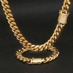 N003 Hip Hop Iced Clasp Stainless Steel Collar Cubano Necklace Miami Gold Cuban Link Chain