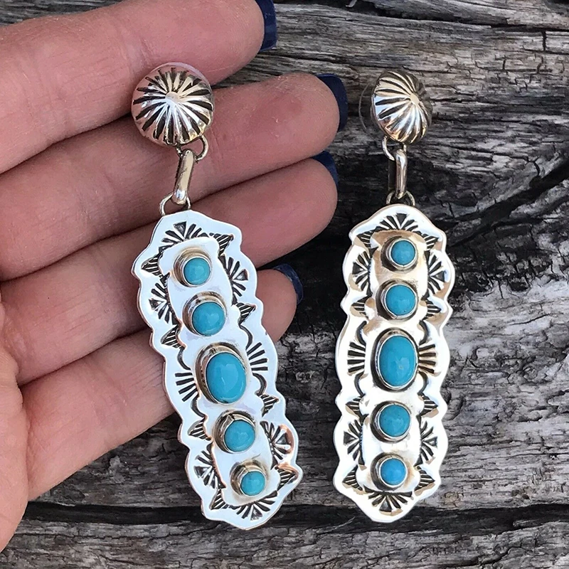 

Boho Ethnic Statement Turquoise Dangle Drop Earrings Geometric Flower Round Turquoise Bead Earrings For Women, Silver