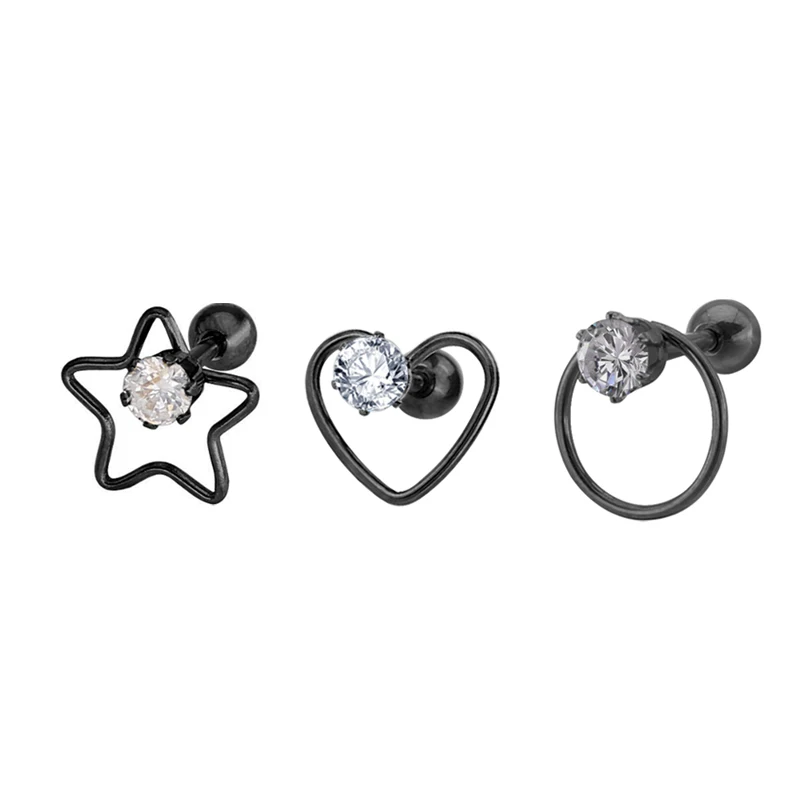 

American rhinestone zirconia stud earrings hollow out circle love heart geometry star earrings fine jewelry women party earrings, Silver black gold