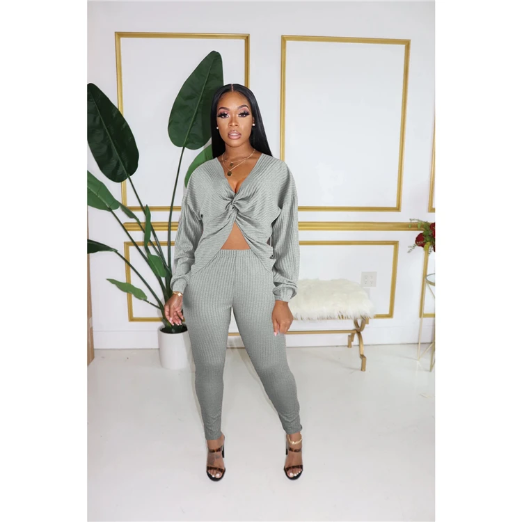 New Sexy Fashion Casual V Neck Solid Color Top And Pants Sexy 2 Pcs Track Suit Outfits Two Piece Set Women Clothing