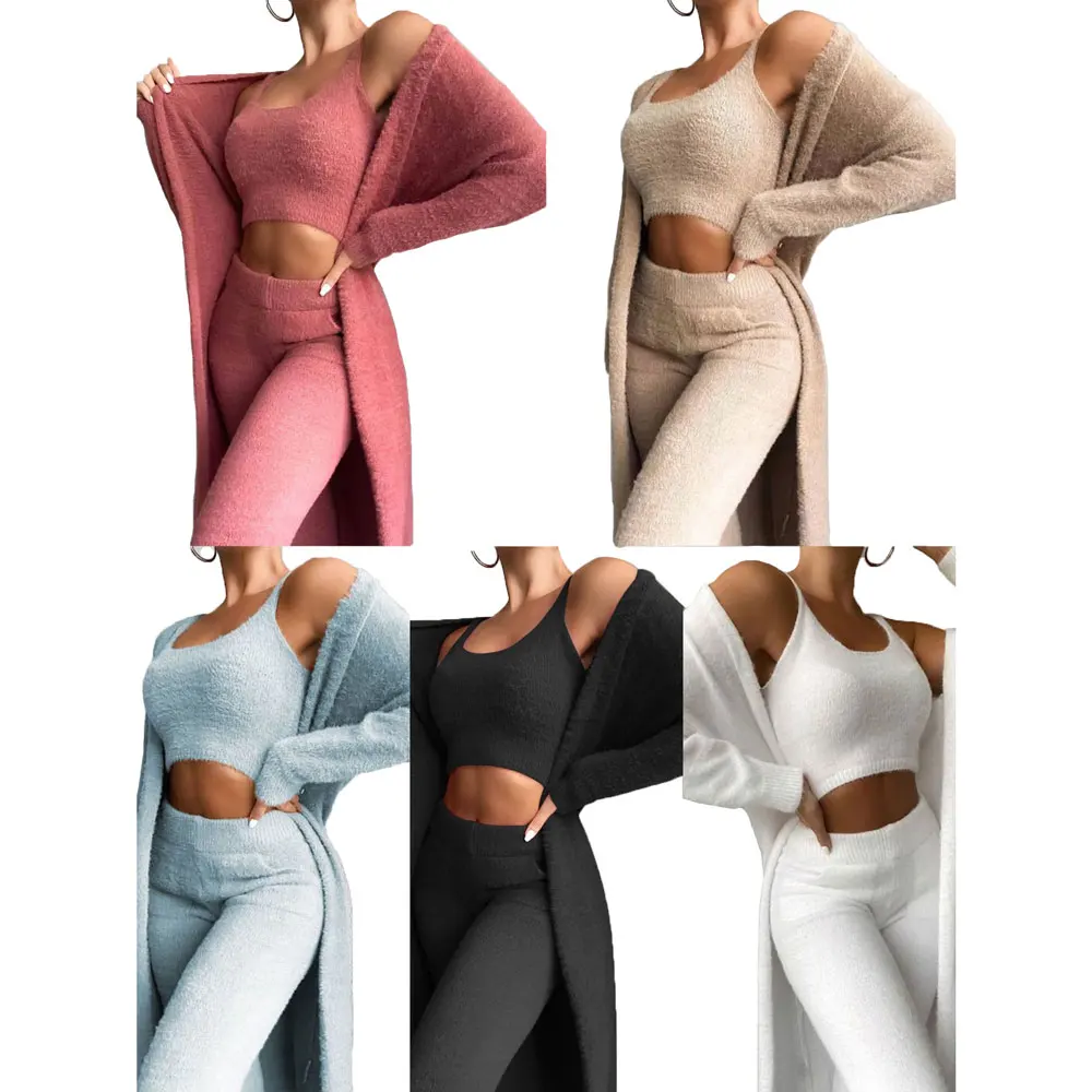 

10719-MX97 latest plain coat gym fitness three piece solid fall set woman sehe fashion