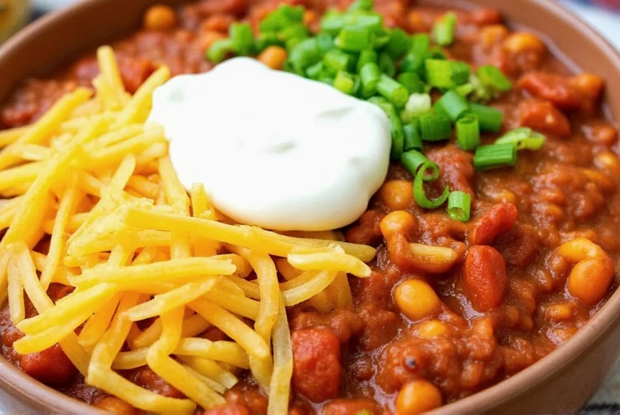 Close-up of slow cooker chili mac served in bowl with toppings including shredded cheddar cheese, chopped green onions, and sour cream