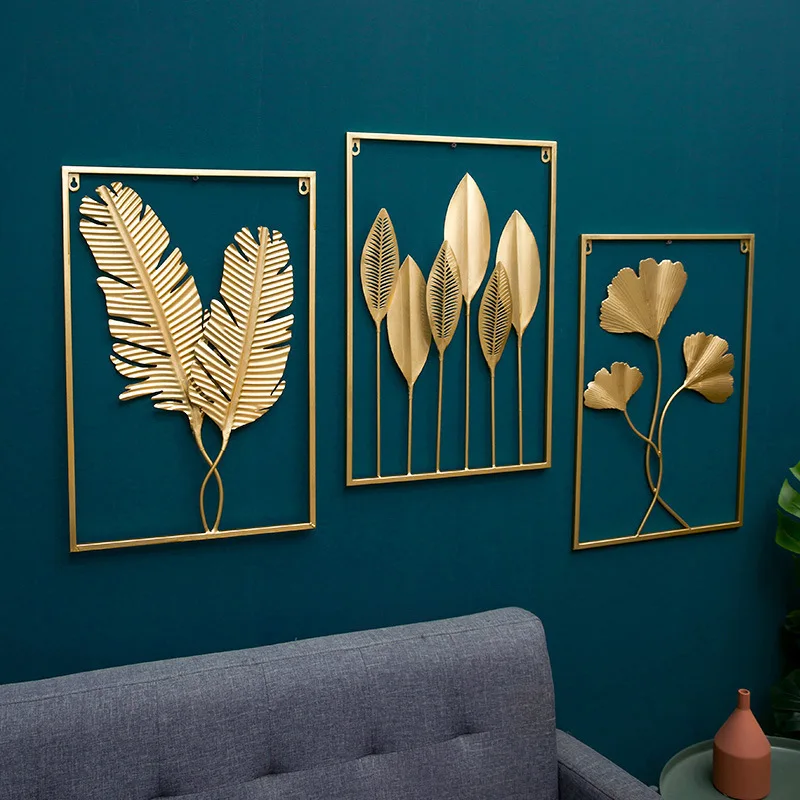 

Northern Europe style golden iron home decoration wall hanging living room porch ginkgo leaf tropical wall decora, Gold
