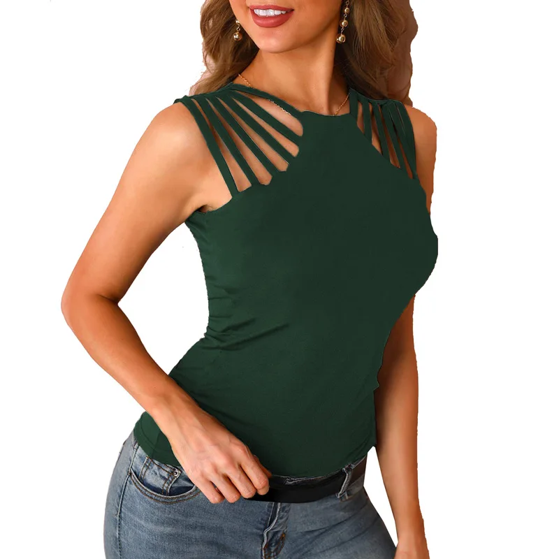 

Hollow Out O Neck Simple Design Sleeveless Solid Tank Tops Women Summer Tops