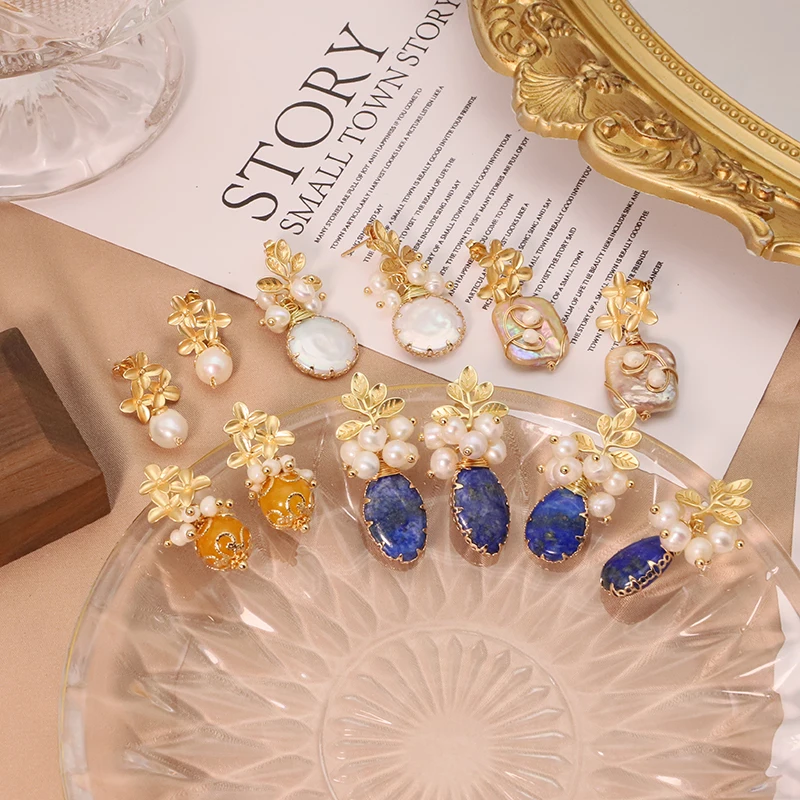 New Yiwu Jewelry Wholesale Natural Baroque Pearl for Women Flower Drop Earrings 18K Gold Plated Fashion Designer Jewelry