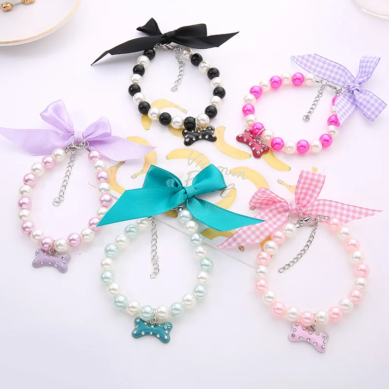 

Wholesale Pet Accessories Pendant Necklace Rhinestone Bone Dog Collar Pearls Dog Bow Tie Collar, 5 colors