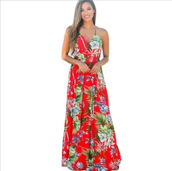 Factory Directly Price 5 Colors Elegant Flower Printed Beach Long Sling Dresses Women Lady