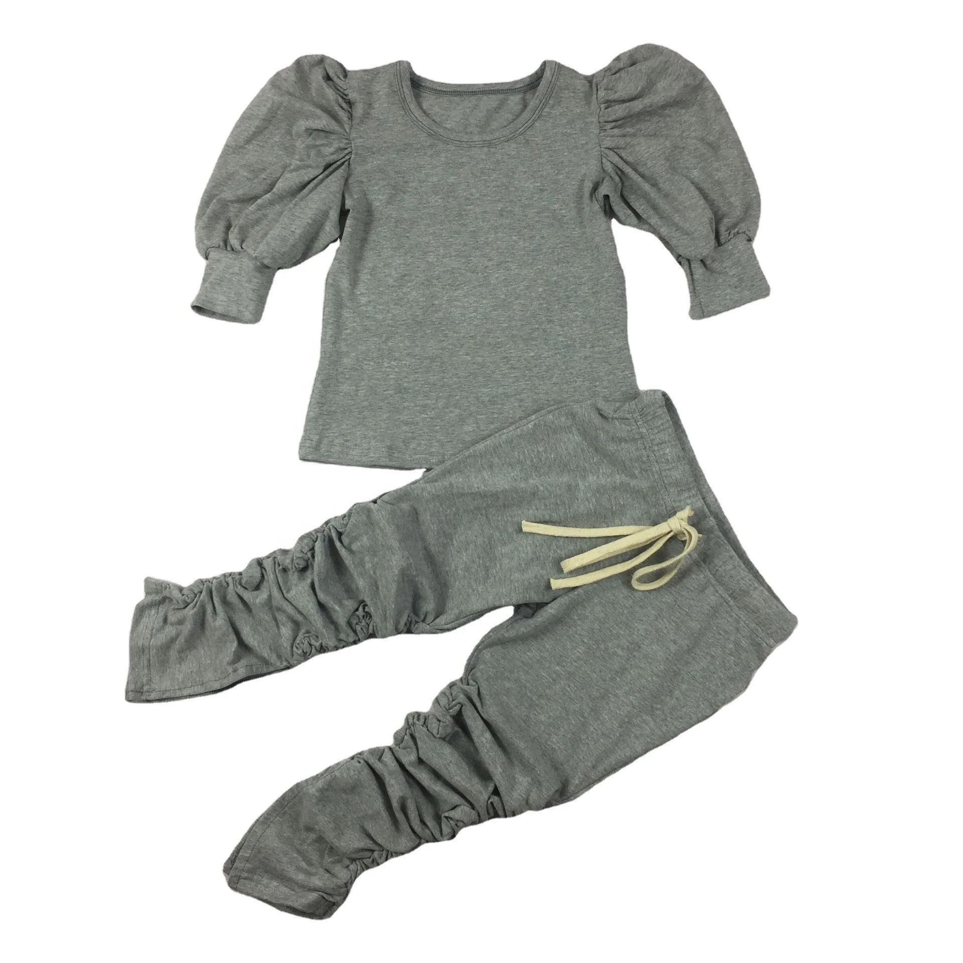 

RTS Wholesale Fall Kid Stacked Pants Baby Girls Clothing Sets Sportswear Joggers Puff Sleeve And Leggings Mommy And Me Outfits, Requirement