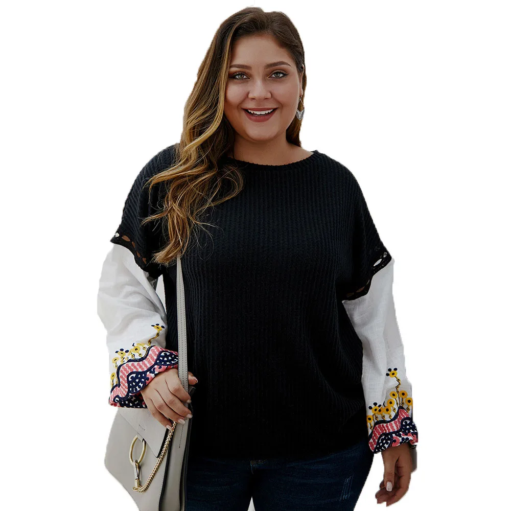 

2020 New fashion plus size Women Flare Sleeve Embroidery Solid Knitted contrast sleeve V-neck Women ladies Blouses Tops