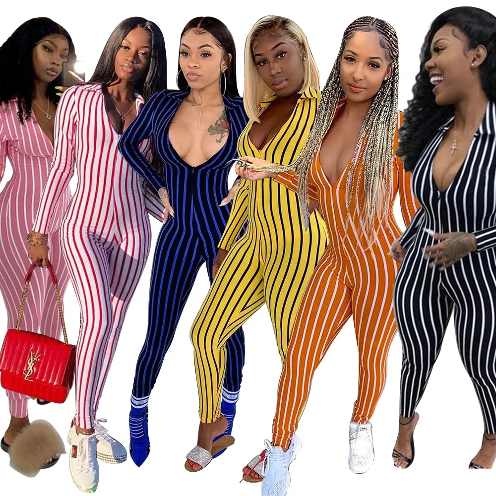 Lynmiss Fashion Bulk Winter Deep V Adult Striped Onesie Romper Fitted Jumpsuit Onesie Pajama for Women