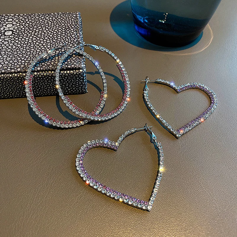 

2021 Fashion Hips Hops Silver Plated Sparkling Crystal Circle 52mm Big Round Hoop Earrings Pink Rhinestone Heart Hoop Earrings, Gold, silver, rose gold