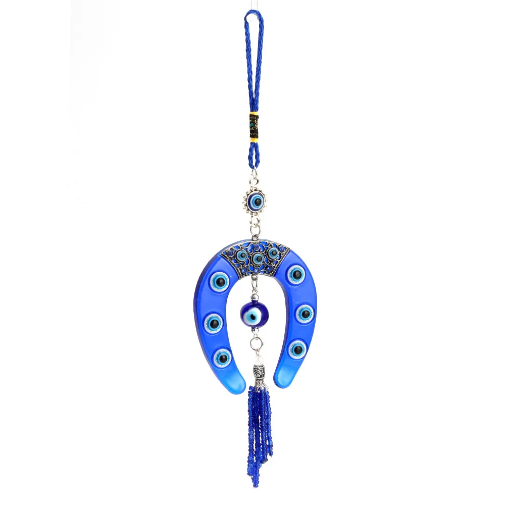 

Fashion Jewelry Blue Resin Horseshoe Pendant Keychain Rope Evil Eyes Tassel Wall Hanging Car Key Chain