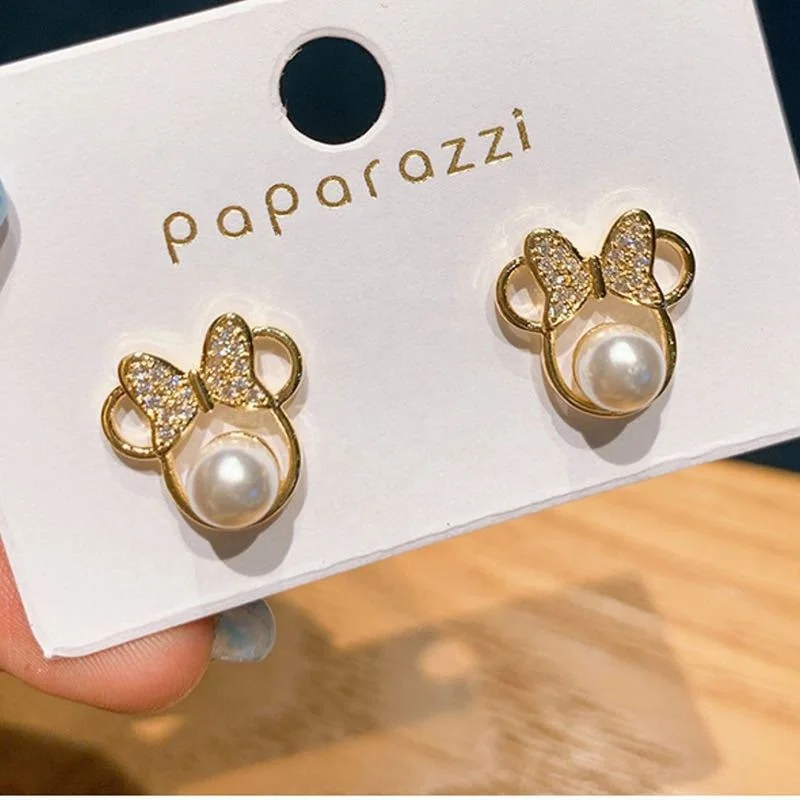 

Hot Selling Bowknot Mickey Head 925 Silver Needle Stud Earrings Small Pearl Cute Little Fragrant Mouse Rhinestones Earrings, Gold