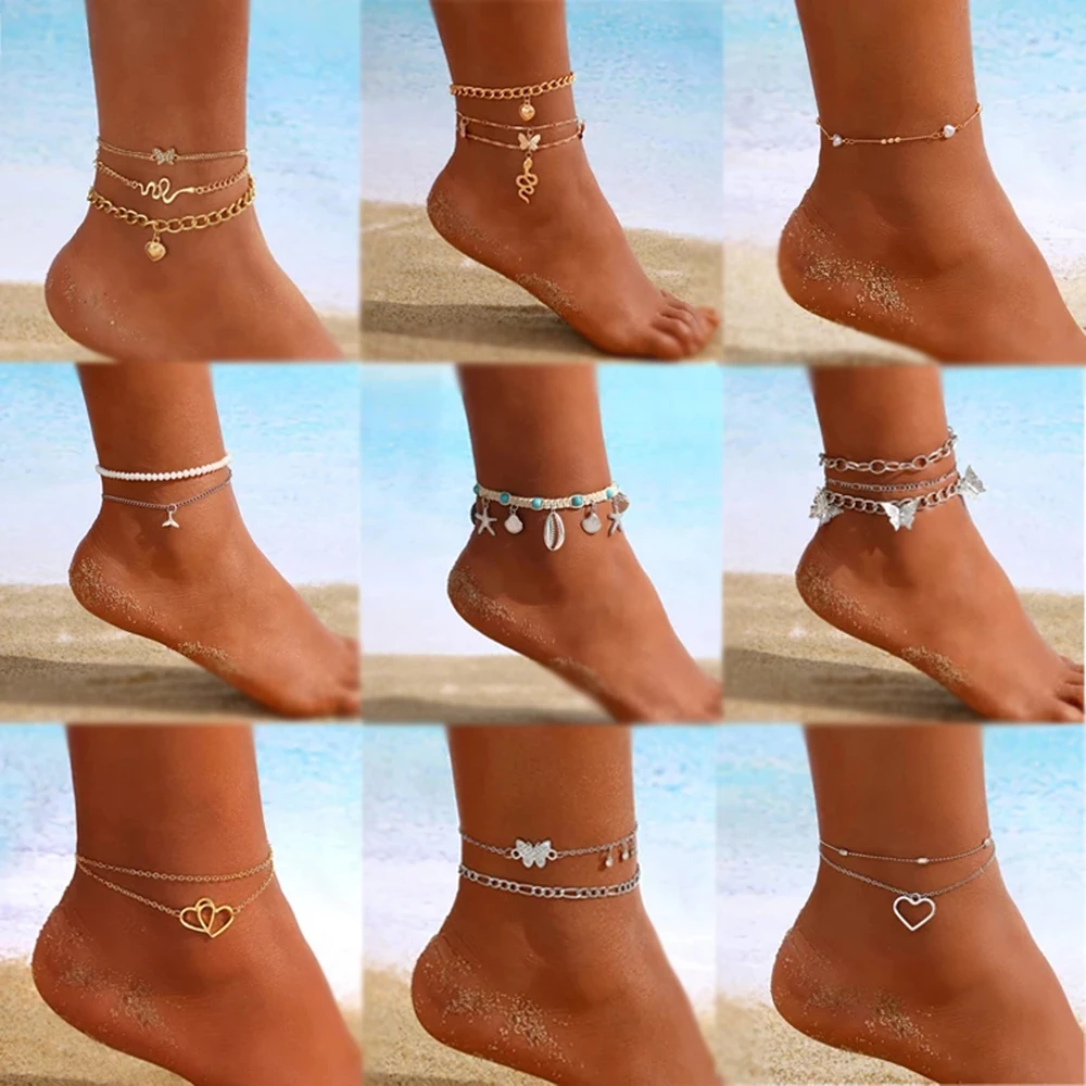 

Vintage Gold Snake Anklet For Women Fashion Multilayer Silver Color Butterfly Chain Anklets Shell Bracelet Beach Jewelry