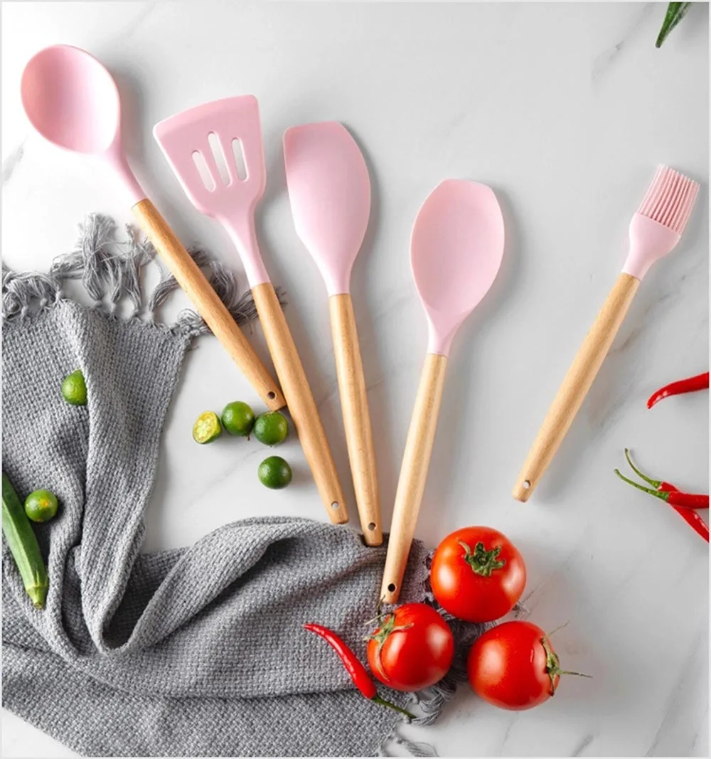 木制厨具硅胶配件用具套装带支架硅钳现代厨房用具