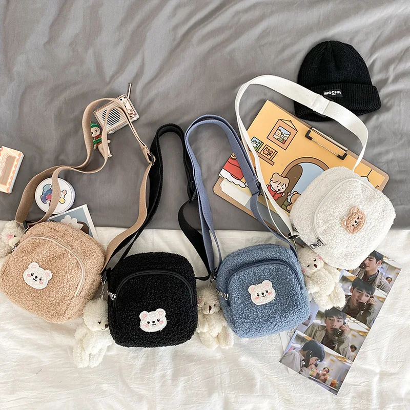 

Japanese Ins Ancient Sense Cute Little Bear Soft Girl Crossbar Bag Cute Lamb Fur Plush Shoulder Messenger Bag