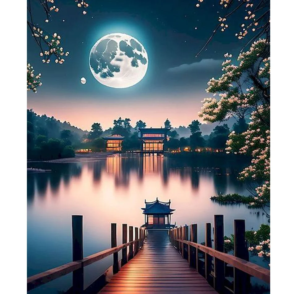 Diy Painting by Numbers Kits Moon Lake Acrylic Paint on Canvas Numbers Painting for Home Decors Diy Gift 40x50cm/16x20inch