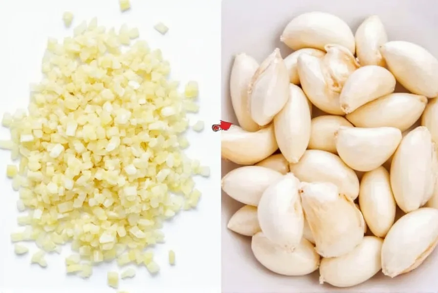 Verschiedene Knoblauchzubereitungen: ganze Zehen, geschnitten und gehackt