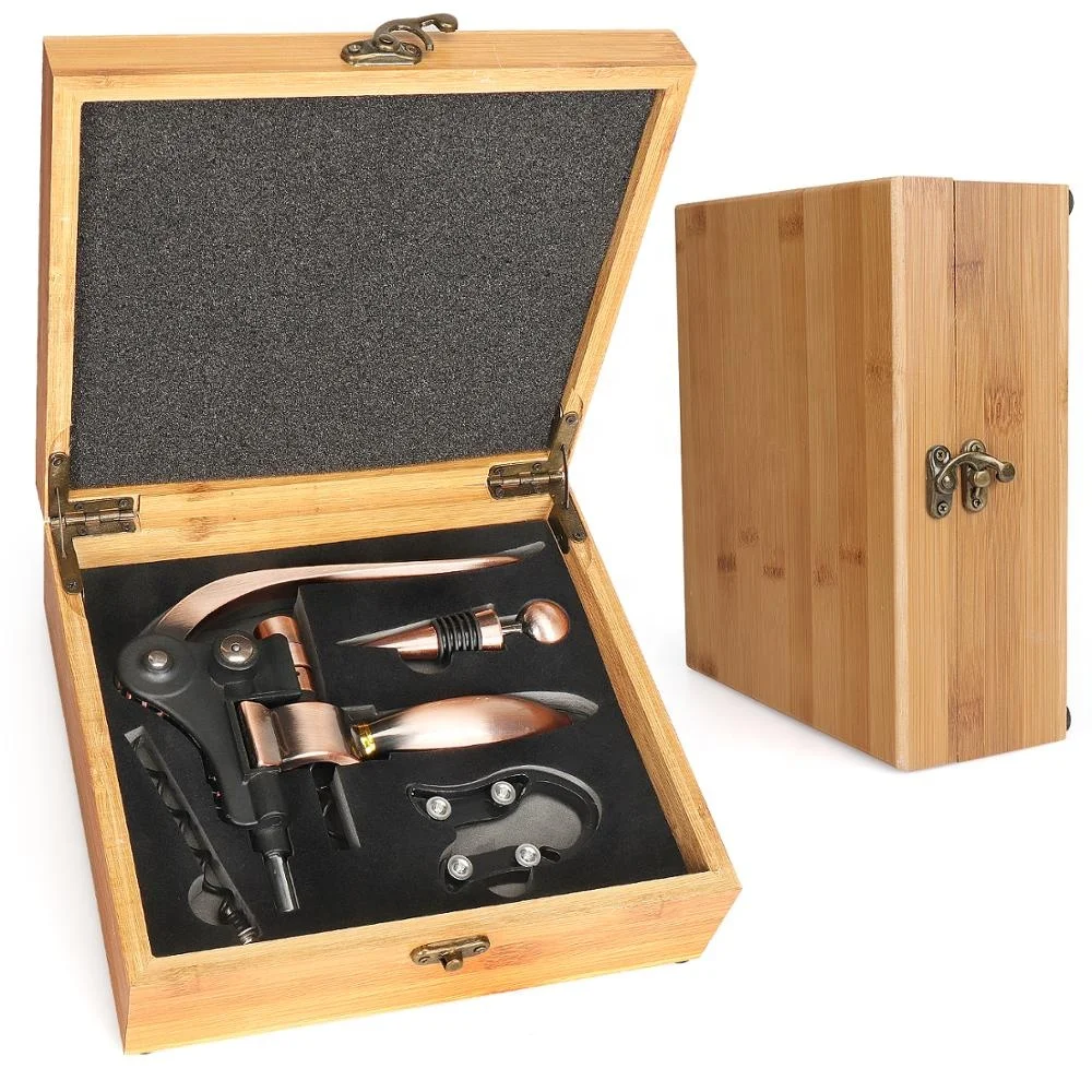 

Factory supply high quality bamboo box wine accessories gift set rabbit wine opener gifts set, Copper