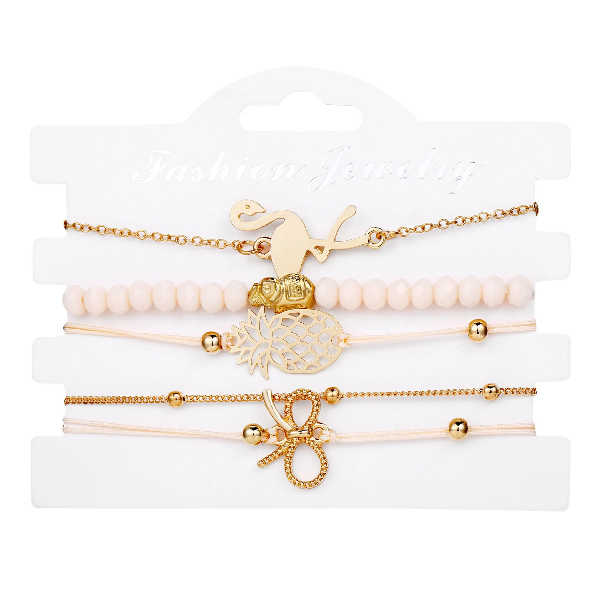 

5pcs/set Gold Bowknot Flamingo Charm Bracelet Natural Beads Elephant Pineapple Bracelet, As pictures