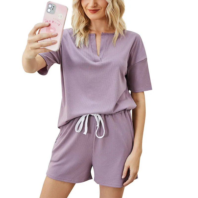 

Fashion summer V Neck Short Sleeve Loose tshirt And Short sets For Women Leisure Streetwear 2 two piece shorts set, 5 colors