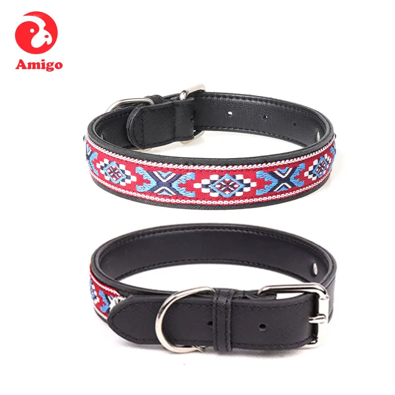 

Amigo hot national style pet collars reflective custom designer genuine real luxury leather dog collar, Black