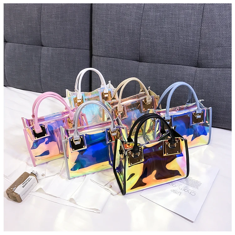 

2021 Hot Selling Laser Purses Sets Fashion Transparent Handbag Women PVC Holographic Jelly Luxury Purses Handbags for Women, 11 colors