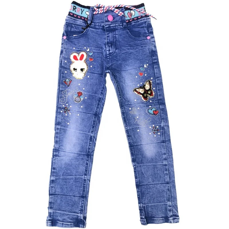 

New model floral belt girls jeans wrinkle distressed kids jeans