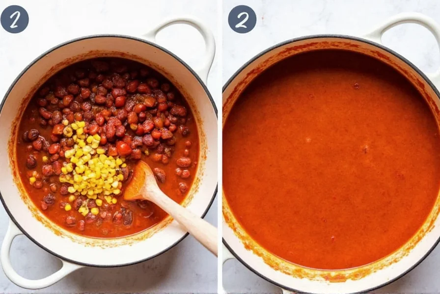 Step-by-step preparation of chili with tomato soup showing ingredients being combined in a pot