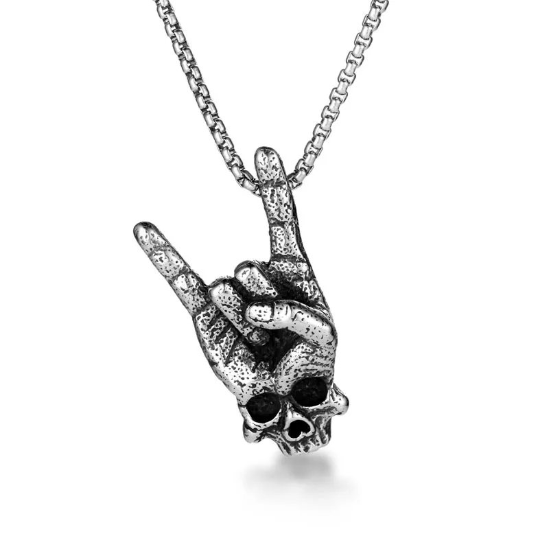 

Punk rock stainless steel finger gesture skeleton pendant necklace men