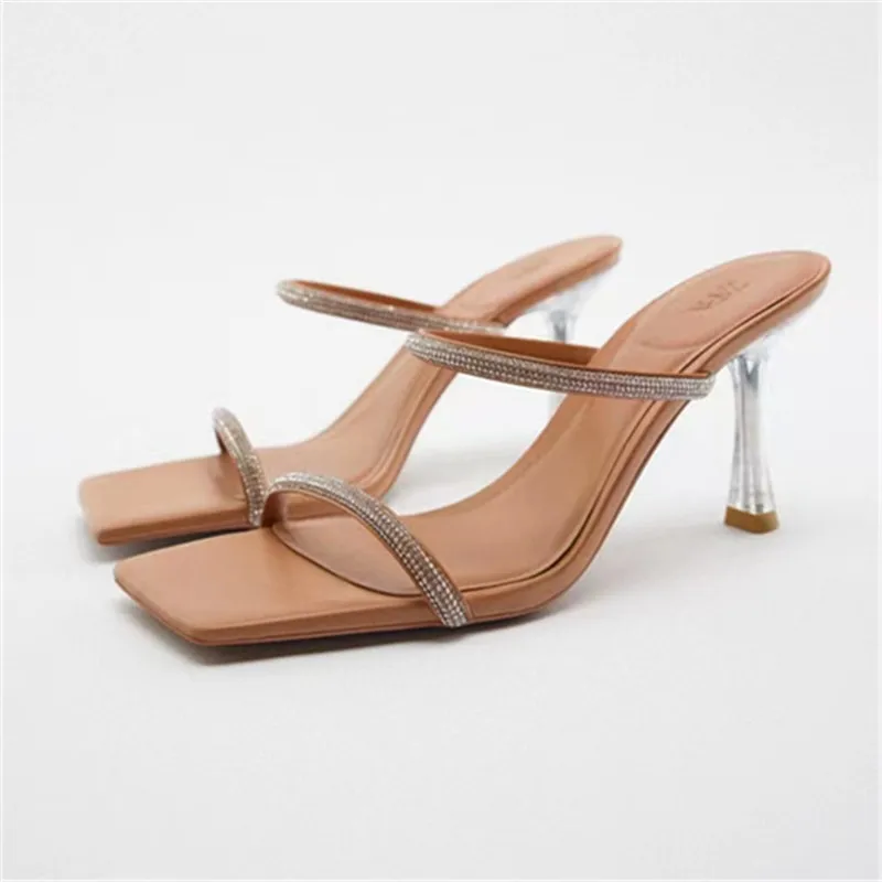 

Summer new women's shoes transparent stiletto square head pull with press drill decoration with high heel sandals